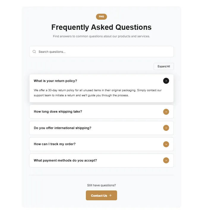 Preview of the FAQ Accordion Shopify section