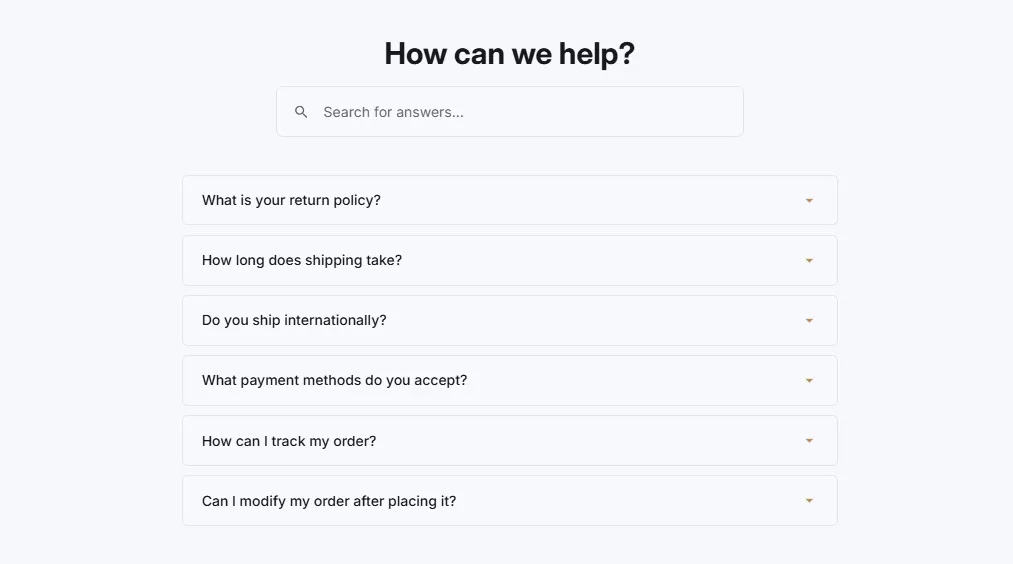 Preview of the FAQ Searchable Shopify section