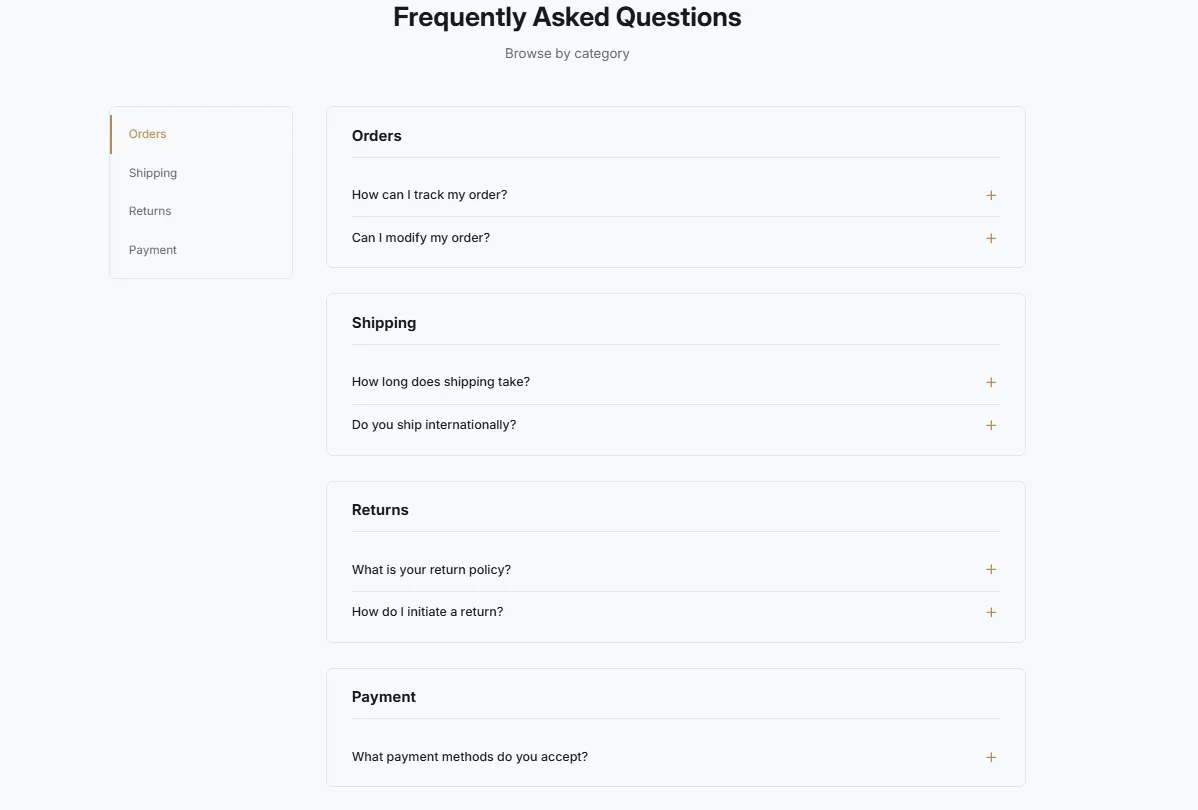 Preview of the FAQ Side Navigation Shopify section