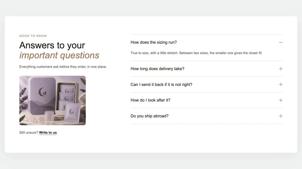 Preview of the FAQ Split 1 Shopify section
