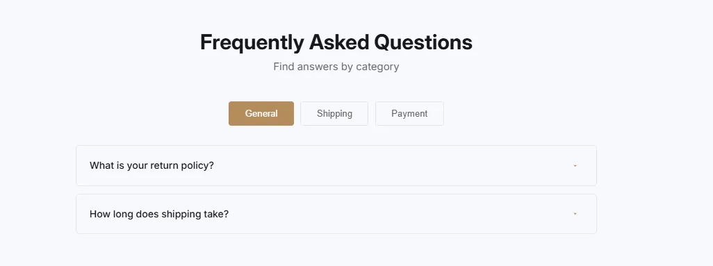 Preview of the FAQ Tabs Shopify section