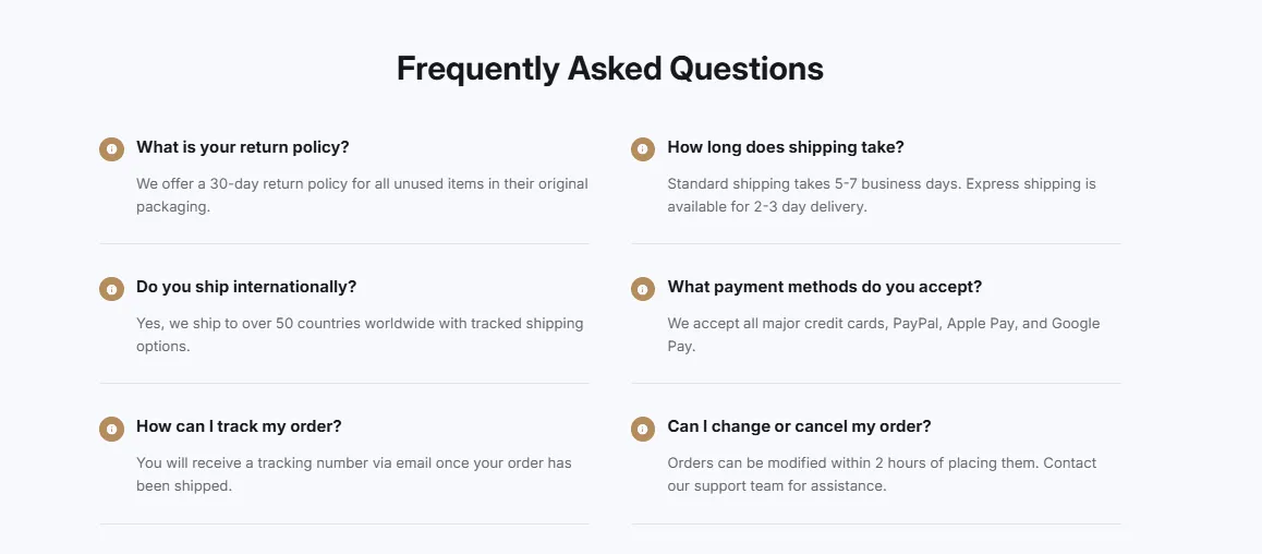 Preview of the FAQ Two Column Shopify section