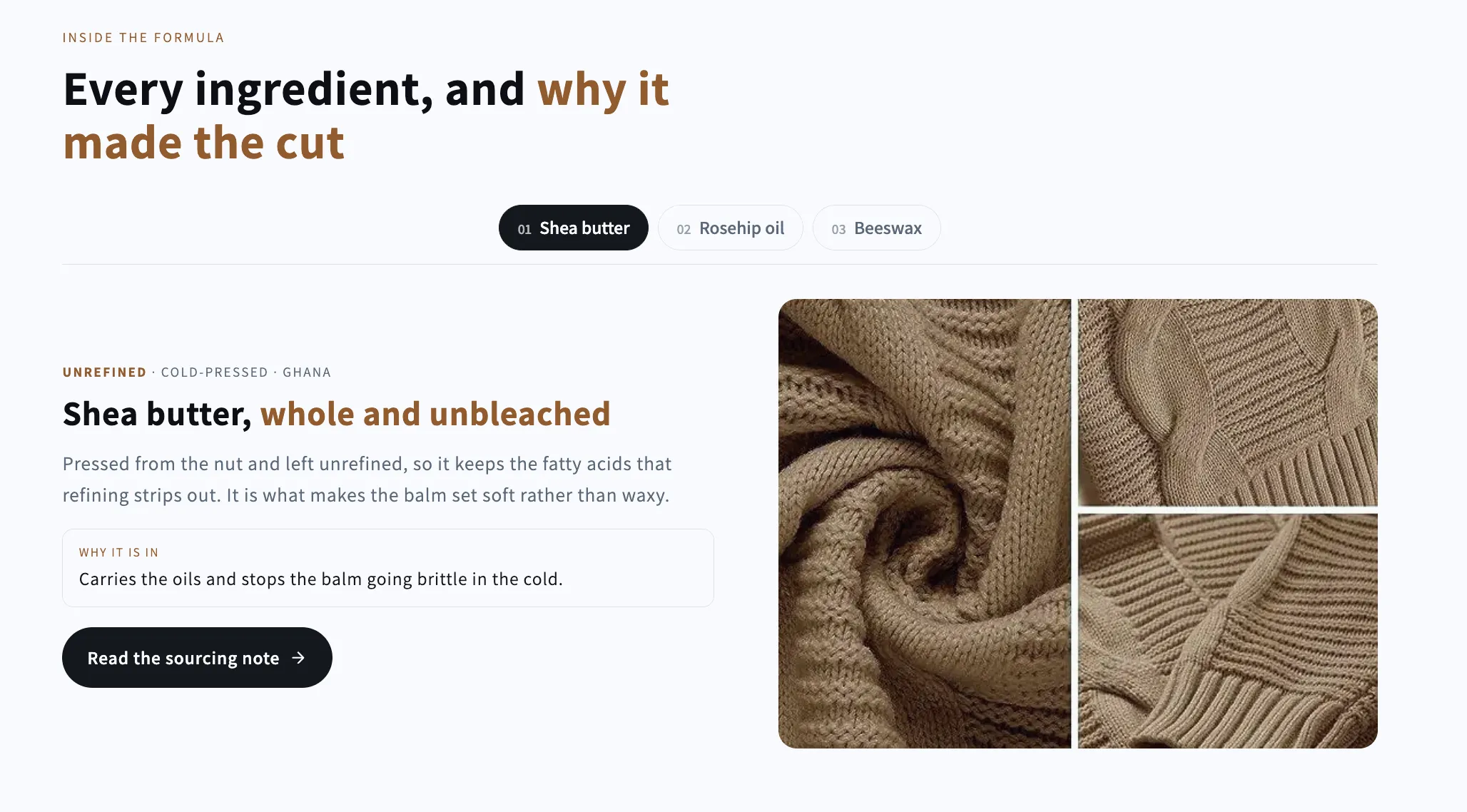 Preview of the Ingredient Tabs Shopify section