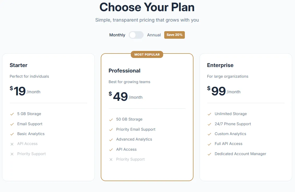 Preview of the Pricing Table Shopify section
