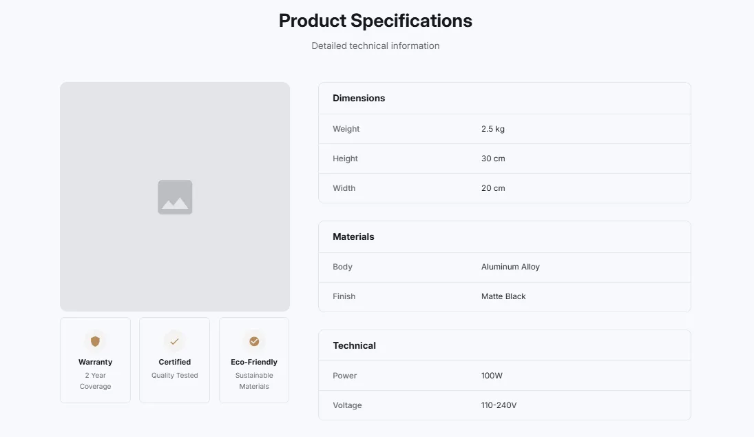 Preview of the Product Specifications Shopify section