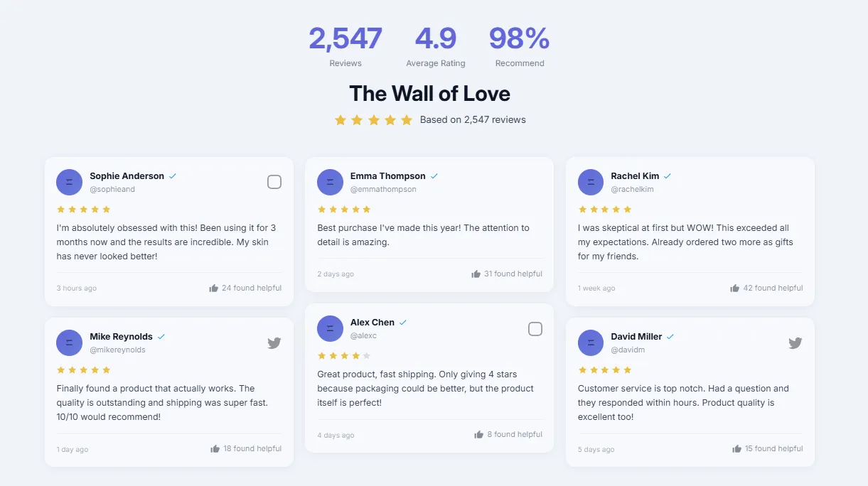 Preview of the Reviews Wall Shopify section