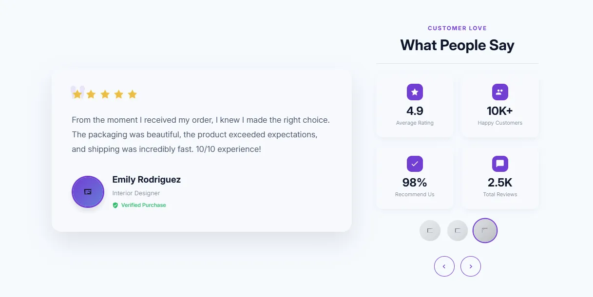 Preview of the Testimonial Spotlight Shopify section