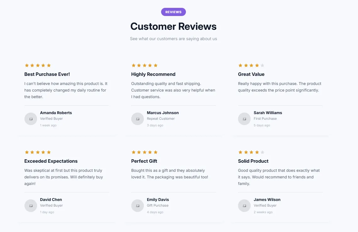 Preview of the Testimonials Grid Shopify section