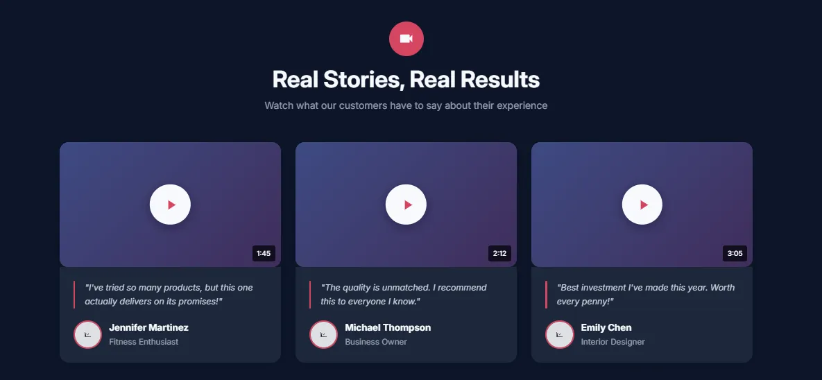 Preview of the Video Testimonials Shopify section