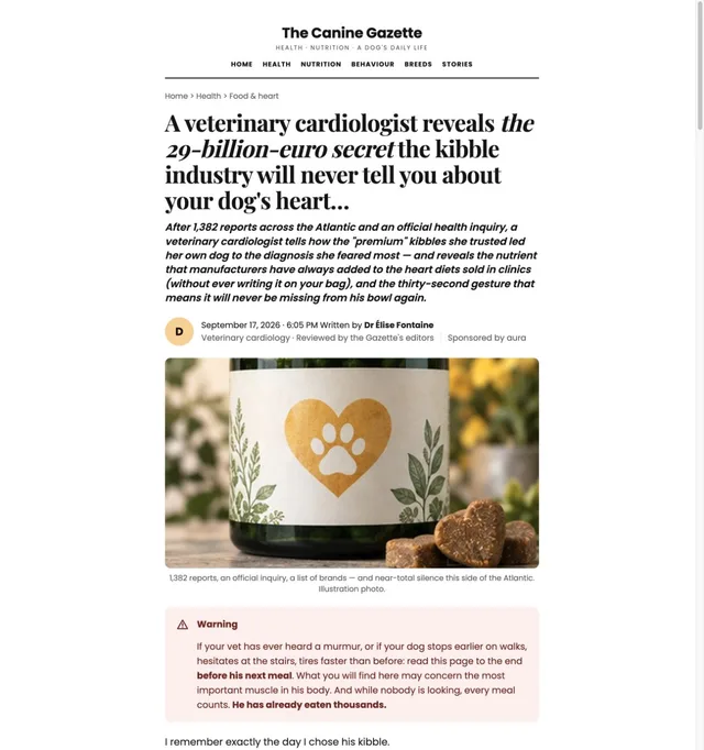 Investigative Exposé · Dog Heart Supplement page template preview