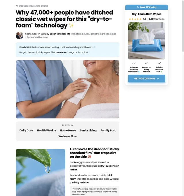 Listicle + Comparison · Rinse-Free Wipes page template preview