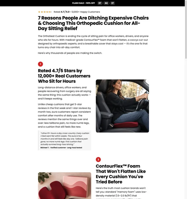 7 Reasons Split · Seat Cushion page template preview