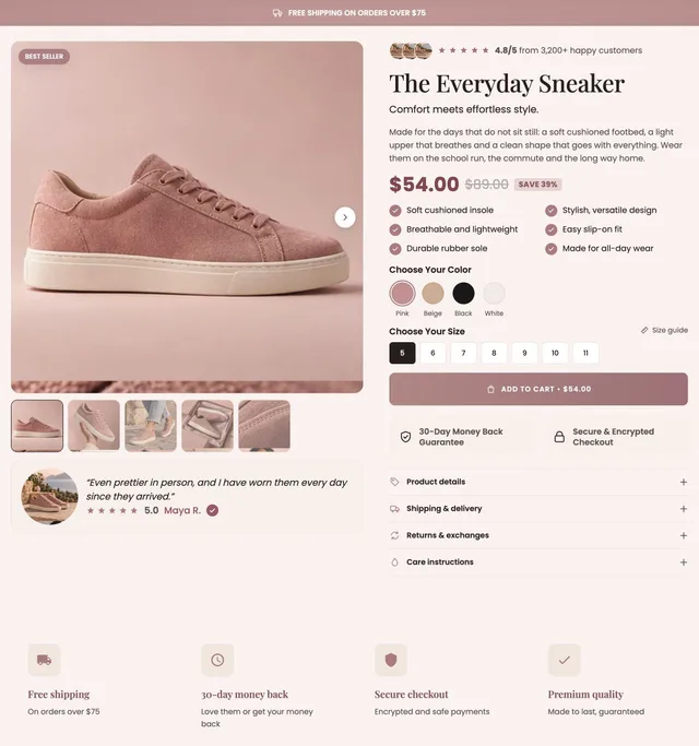 Everyday Sneaker · Soft Rose page template preview